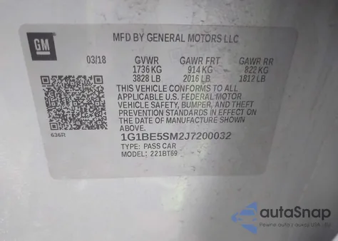 2018 Chevrolet Cruze Lt Auto из США, поврежденный, VIN 1G1BE5SM2J7200032